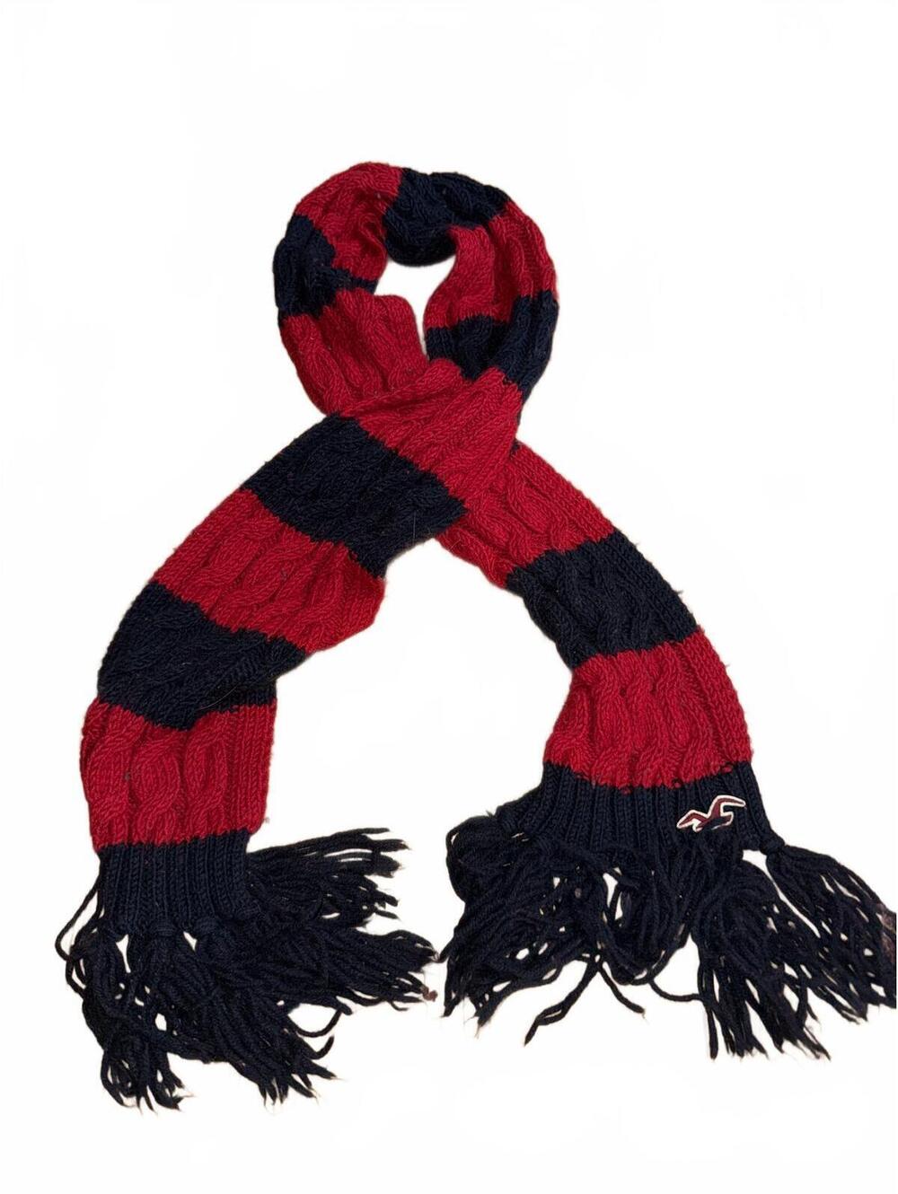 Hollister Red and Black Striped Knit Scarf with Fringe